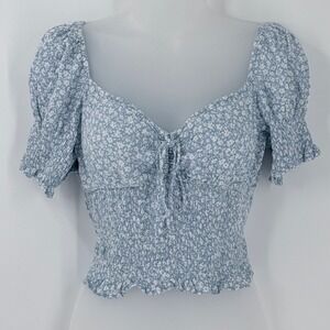 Sim & Sam Floral Smocked Crop Top Womens sz L Puff Sleeve Coquette Milkmaid